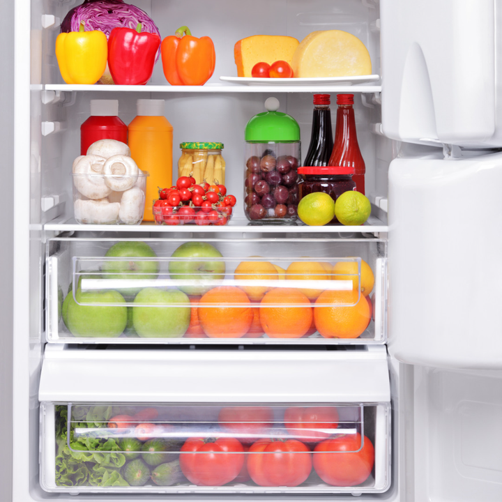 inside of fridge stocked with healthy foods